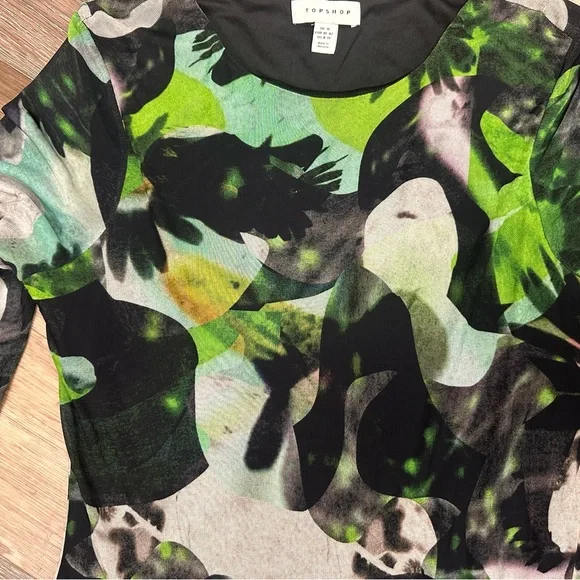 Topshop Green and Black Abstract Print Maxi Dress Long Sleeves mesh 8-10 - Picture 5 of 9